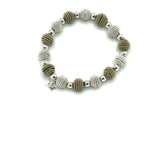 Trifari Gold Stretch Bracelet Two Tone Textured Beads Crown Charm